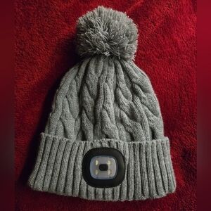 Gray Cable Knit Pom Beanie with Front Light